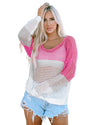 Pink Color Block Eyelet Long Sleeve Twisted Back Knit Top - XL