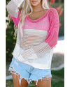 Pink Color Block Eyelet Long Sleeve Twisted Back Knit Top - XL