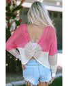 Pink Color Block Eyelet Long Sleeve Twisted Back Knit Top - XL