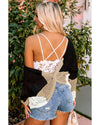 Black Color Block Eyelet Long Sleeve Twisted Back Knit Top - M