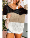 Black Color Block Eyelet Long Sleeve Twisted Back Knit Top - M