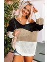 Black Color Block Eyelet Long Sleeve Twisted Back Knit Top - M