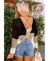 Black Color Block Eyelet Long Sleeve Twisted Back Knit Top - M