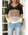 Black Color Block Eyelet Long Sleeve Twisted Back Knit Top - M