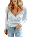 White Cable Crossed V Neck Sweater - M