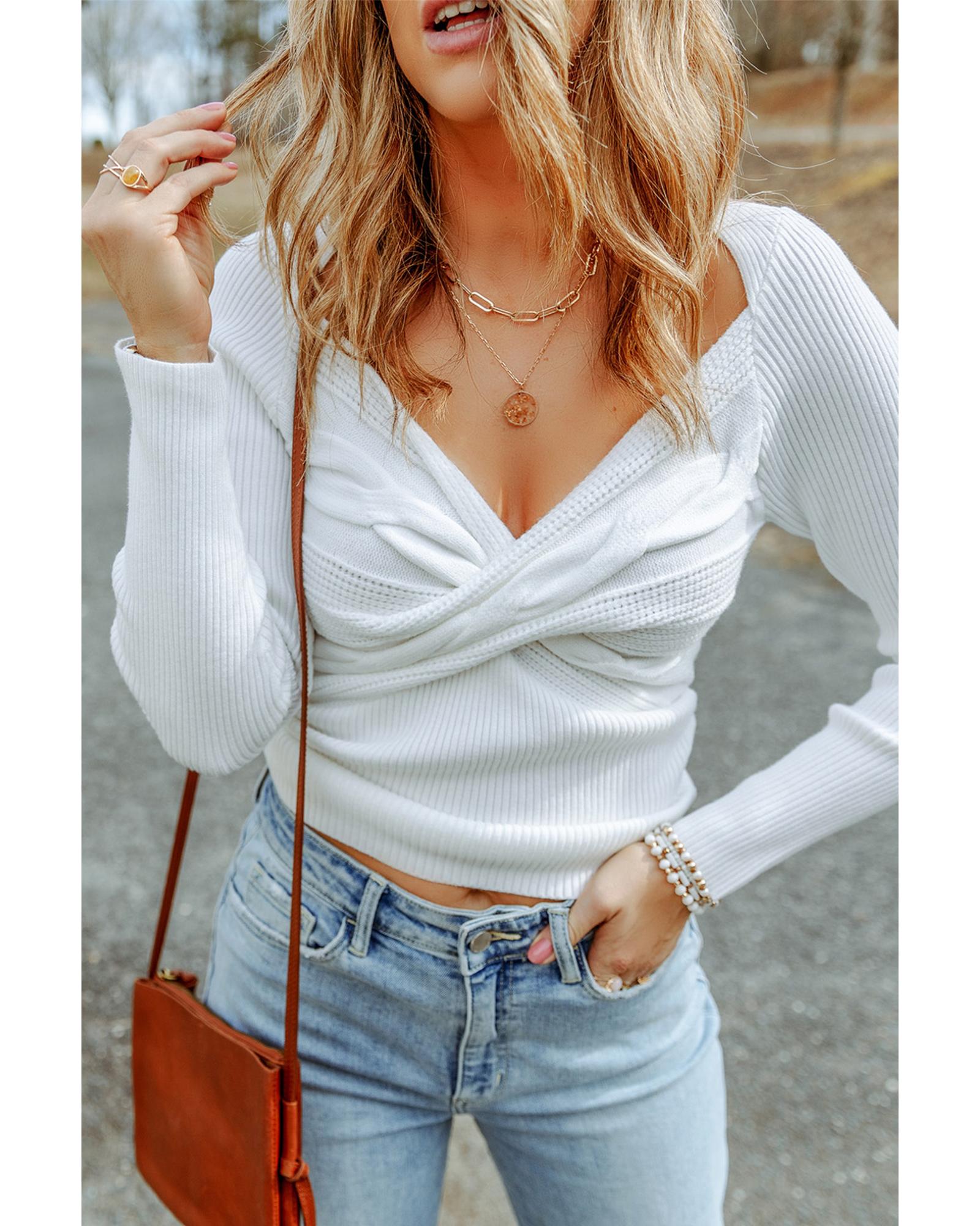 White Cable Crossed V Neck Sweater - XL