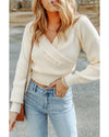 Azura Exchange Beige Ribbed Long Sleeve Surplice Crop Sweater - L