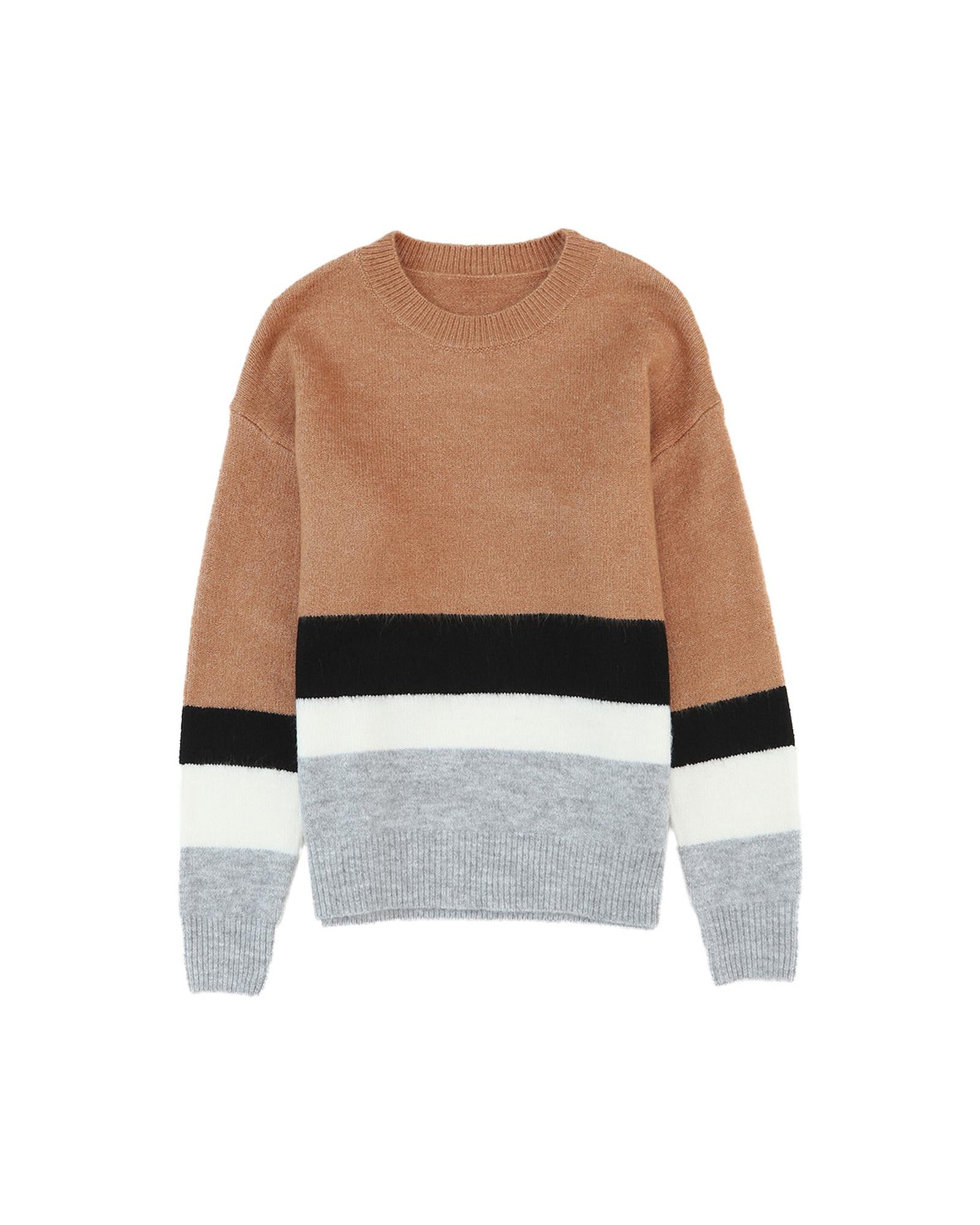 Azura Exchange Brown Color Block Striped Ribbed Knit Sweater - S