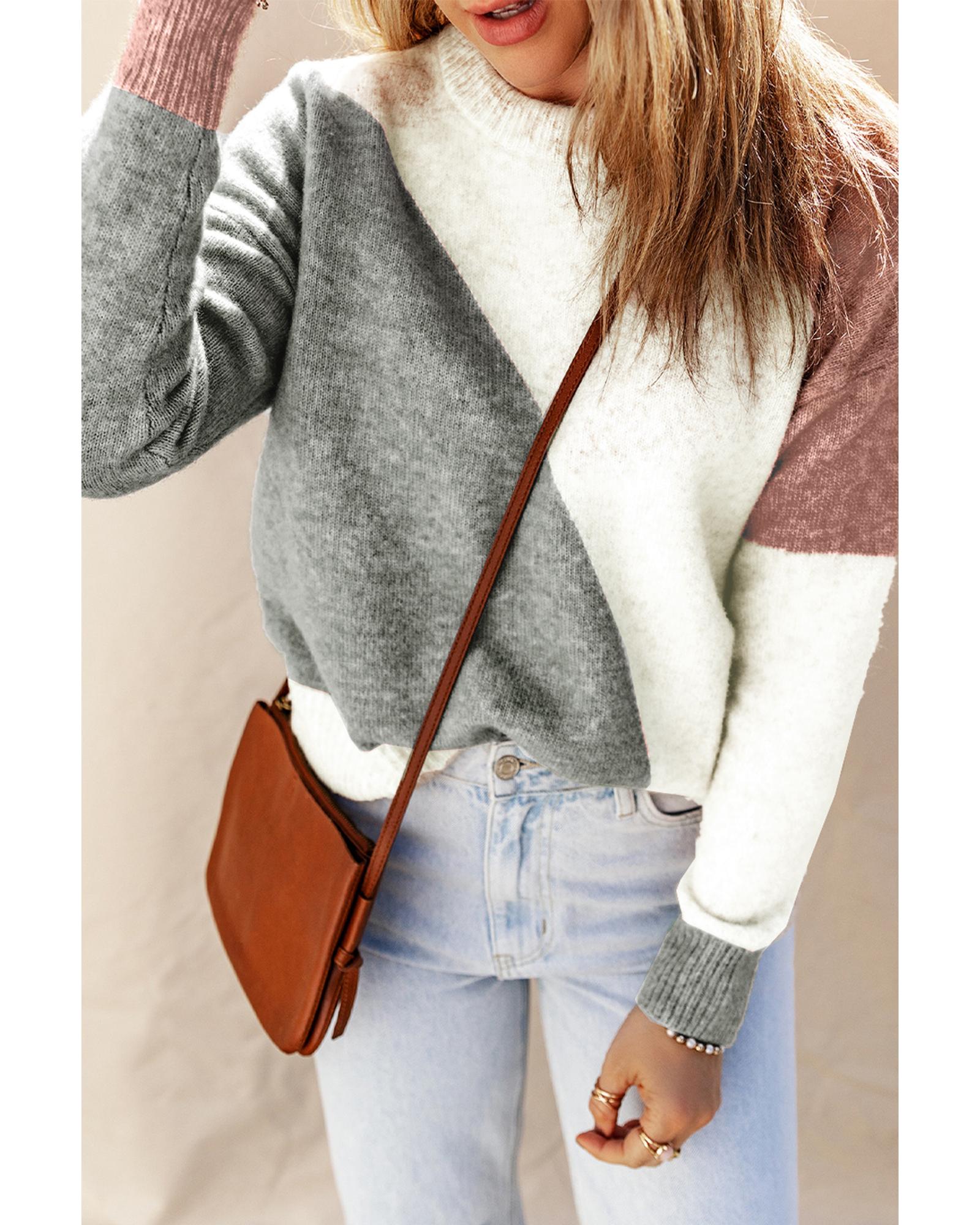 Gray Colorblock Ribbed Trim Round Neck Sweater - XL