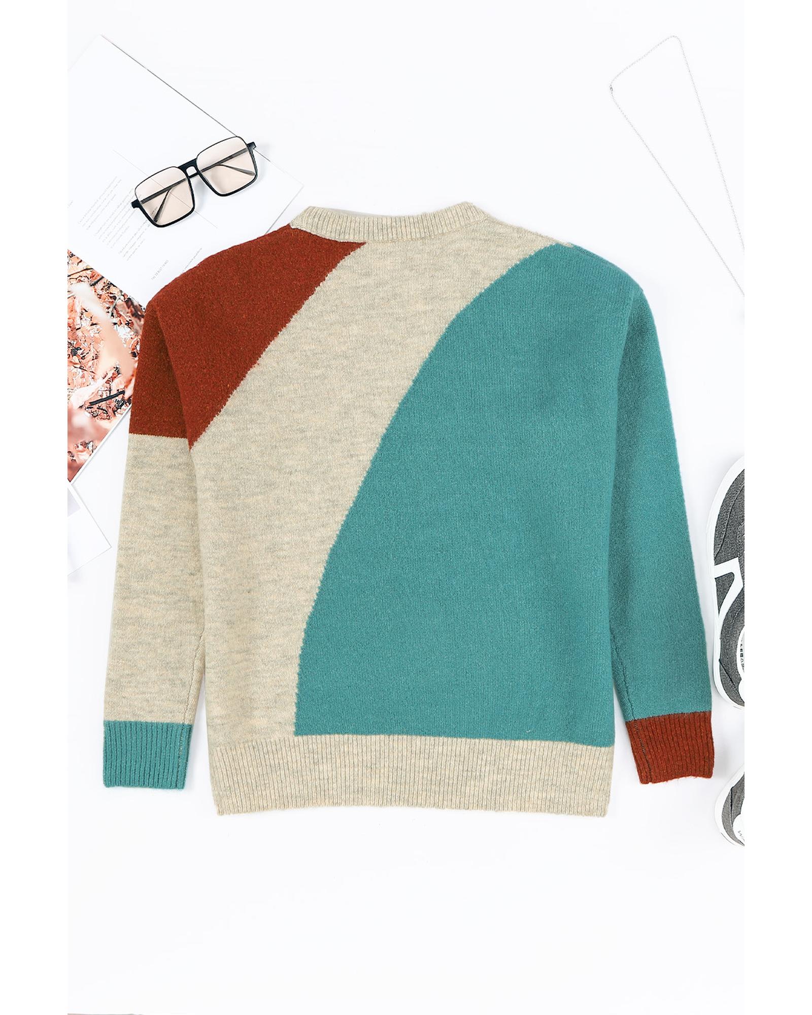 Multicolor Colorblock Ribbed Trim Round Neck Sweater - L