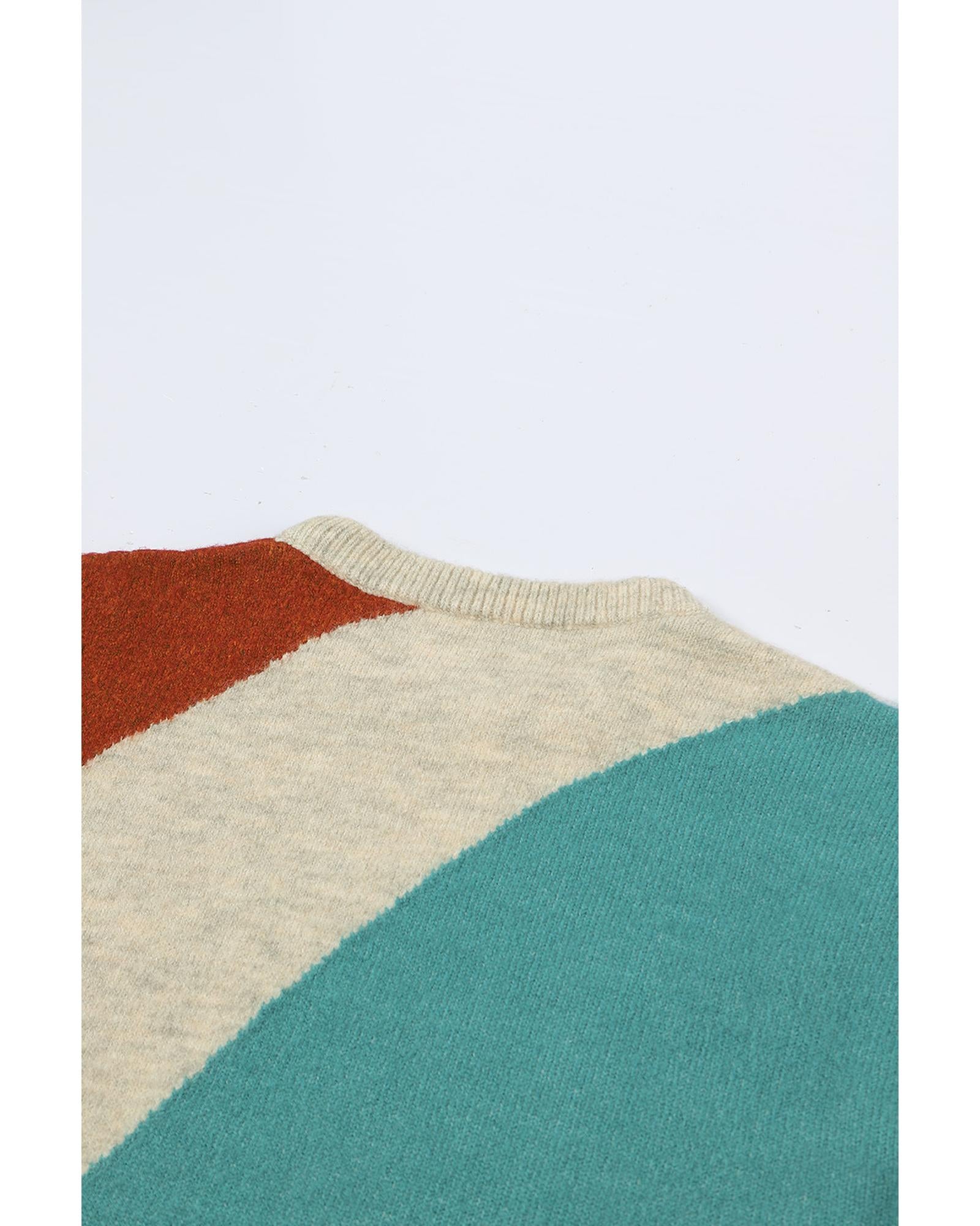 Multicolor Colorblock Ribbed Trim Round Neck Sweater - L