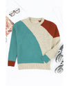 Multicolor Colorblock Ribbed Trim Round Neck Sweater - L