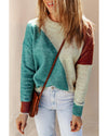 Multicolor Colorblock Ribbed Trim Round Neck Sweater - L