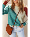 Multicolor Colorblock Ribbed Trim Round Neck Sweater - L