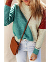 Multicolor Colorblock Ribbed Trim Round Neck Sweater - S