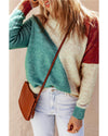 Multicolor Colorblock Ribbed Trim Round Neck Sweater - S