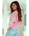 Pink Floral Pattern Drop Shoulder Sweater - S