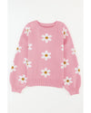 Pink Floral Pattern Drop Shoulder Sweater - XL