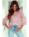 Pink Floral Pattern Drop Shoulder Sweater - XL