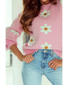 Pink Floral Pattern Drop Shoulder Sweater - XL