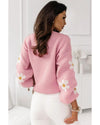 Pink Floral Pattern Drop Shoulder Sweater - XL