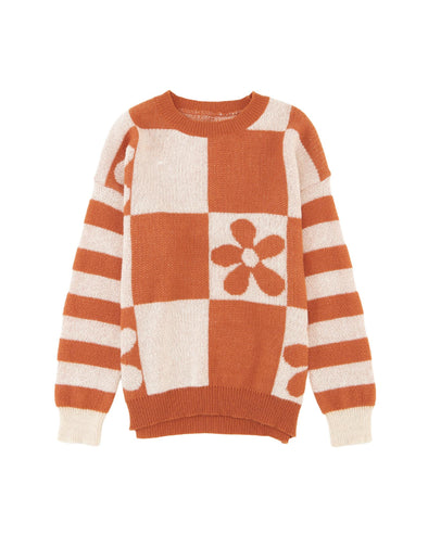 Brown Checkered Floral Print Striped Sleeve Sweater - L