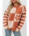 Brown Checkered Floral Print Striped Sleeve Sweater - L