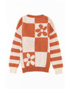 Brown Checkered Floral Print Striped Sleeve Sweater - M