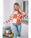 Brown Checkered Floral Print Striped Sleeve Sweater - M