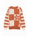 Brown Checkered Floral Print Striped Sleeve Sweater - M