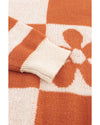 Brown Checkered Floral Print Striped Sleeve Sweater - M