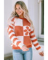 Brown Checkered Floral Print Striped Sleeve Sweater - M