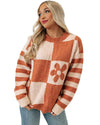 Brown Checkered Floral Print Striped Sleeve Sweater - XL