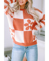 Brown Checkered Floral Print Striped Sleeve Sweater - XL