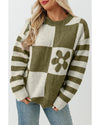 Green Checkered Floral Print Striped Sleeve Sweater - S