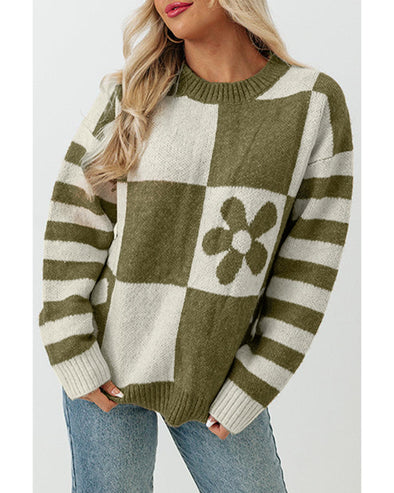 Green Checkered Floral Print Striped Sleeve Sweater - S