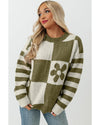 Green Checkered Floral Print Striped Sleeve Sweater - S