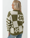 Green Checkered Floral Print Striped Sleeve Sweater - S