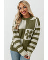 Green Checkered Floral Print Striped Sleeve Sweater - S