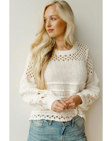 White Solid Color Pointelle Knit Puff Sleeve Sweater - M