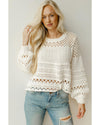 White Solid Color Pointelle Knit Puff Sleeve Sweater - M