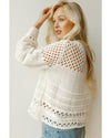 White Solid Color Pointelle Knit Puff Sleeve Sweater - M