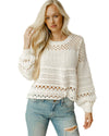 White Solid Color Pointelle Knit Puff Sleeve Sweater - M
