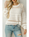 White Solid Color Pointelle Knit Puff Sleeve Sweater - M