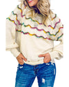 White Wavy Striped Pointelle Bishop Sleeve Sweater - M
