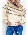 White Wavy Striped Pointelle Bishop Sleeve Sweater - M