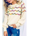 White Wavy Striped Pointelle Bishop Sleeve Sweater - M