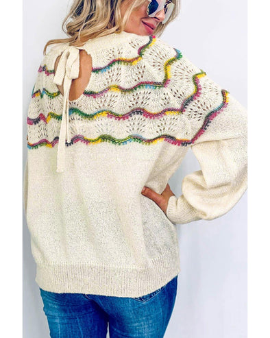 White Wavy Striped Pointelle Bishop Sleeve Sweater - S