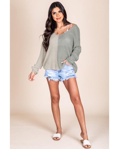 Azura Exchange Gray Long Sleeve V-Neck Colorblock Sweater - M