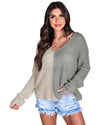 Azura Exchange Gray Long Sleeve V-Neck Colorblock Sweater - M